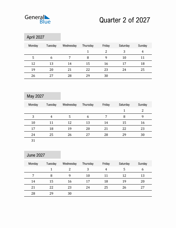 April, May, and June Calendar 2027