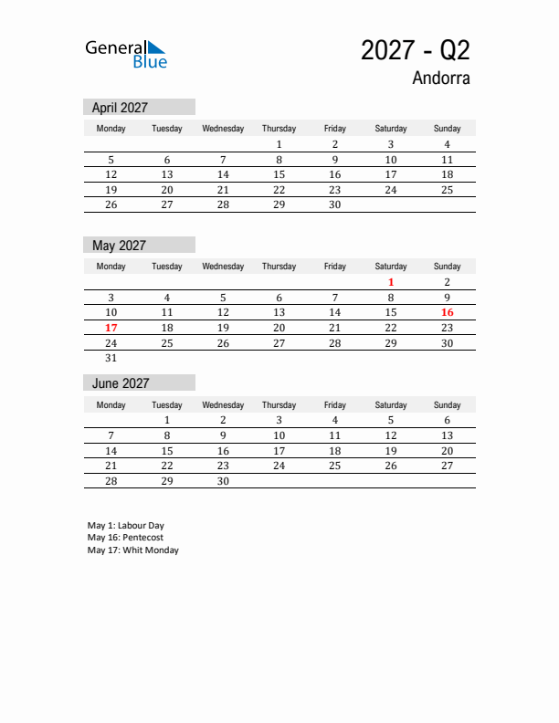 Andorra Quarter 2 2027 Calendar with Holidays