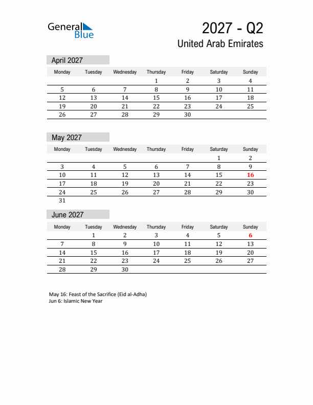 United Arab Emirates Quarter 2 2027 Calendar with Holidays