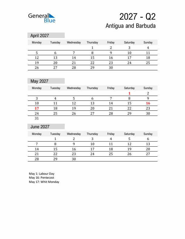 Antigua and Barbuda Quarter 2 2027 Calendar with Holidays