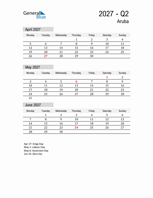 Aruba Quarter 2 2027 Calendar with Holidays