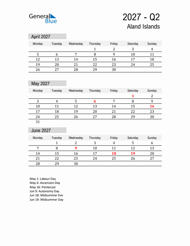 Aland Islands Quarter 2 2027 Calendar with Holidays