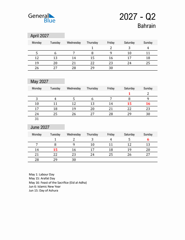 Bahrain Quarter 2 2027 Calendar with Holidays