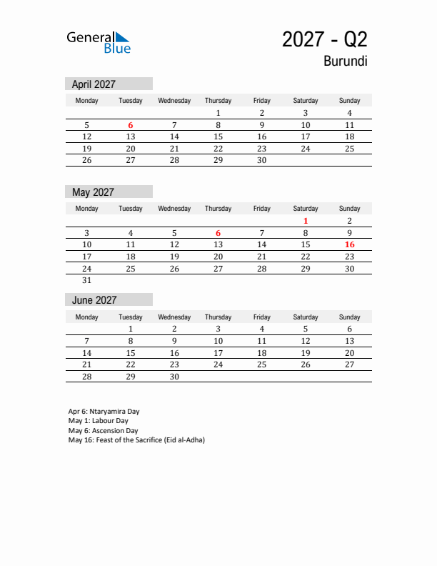 Burundi Quarter 2 2027 Calendar with Holidays