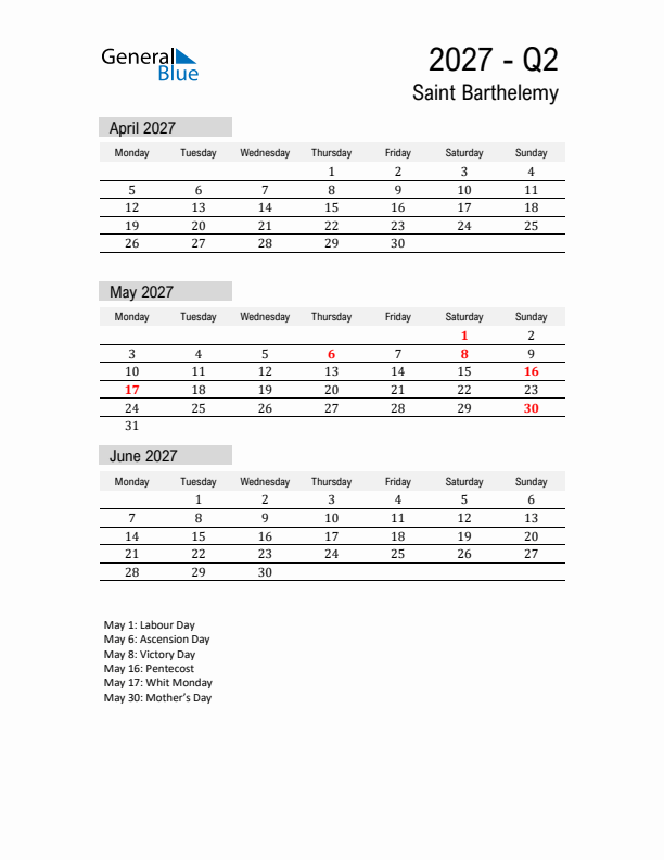 Saint Barthelemy Quarter 2 2027 Calendar with Holidays