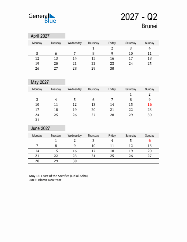 Brunei Quarter 2 2027 Calendar with Holidays