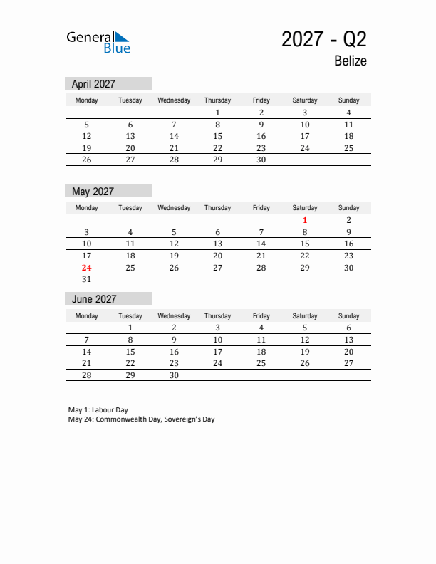 Belize Quarter 2 2027 Calendar with Holidays