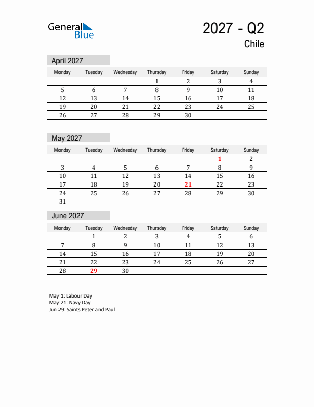 Chile Quarter 2 2027 Calendar with Holidays