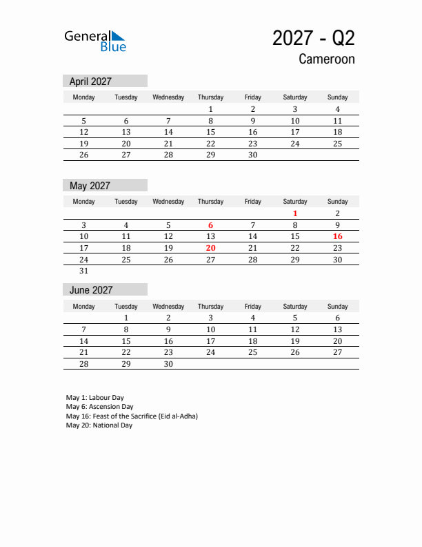 Cameroon Quarter 2 2027 Calendar with Holidays