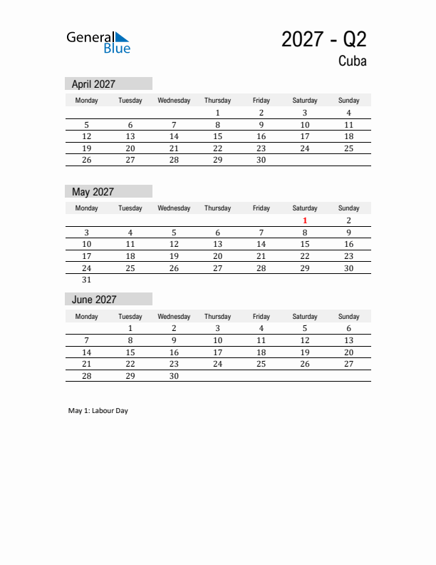 Cuba Quarter 2 2027 Calendar with Holidays