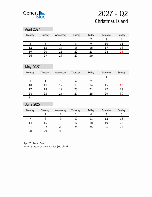 Christmas Island Quarter 2 2027 Calendar with Holidays
