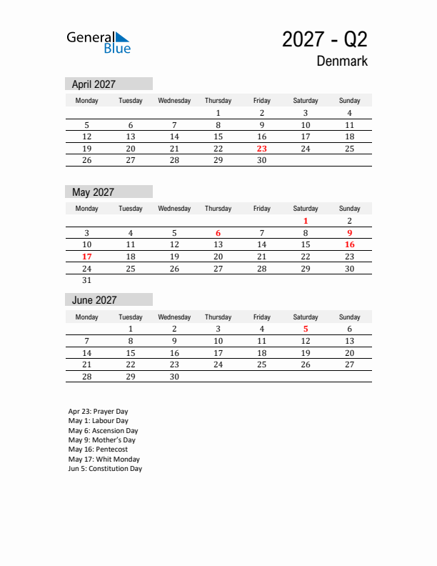 Denmark Quarter 2 2027 Calendar with Holidays