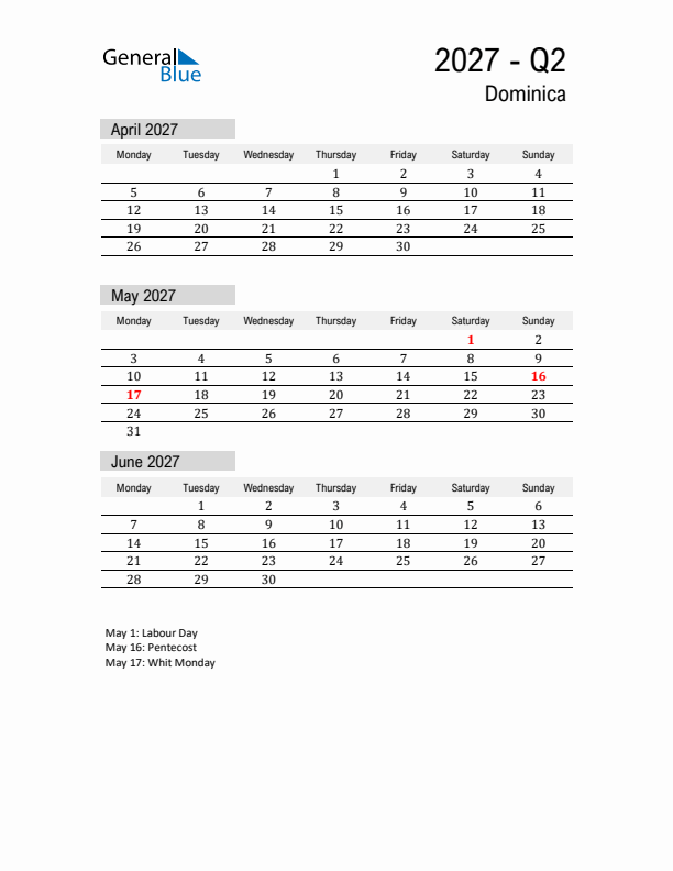 Dominica Quarter 2 2027 Calendar with Holidays