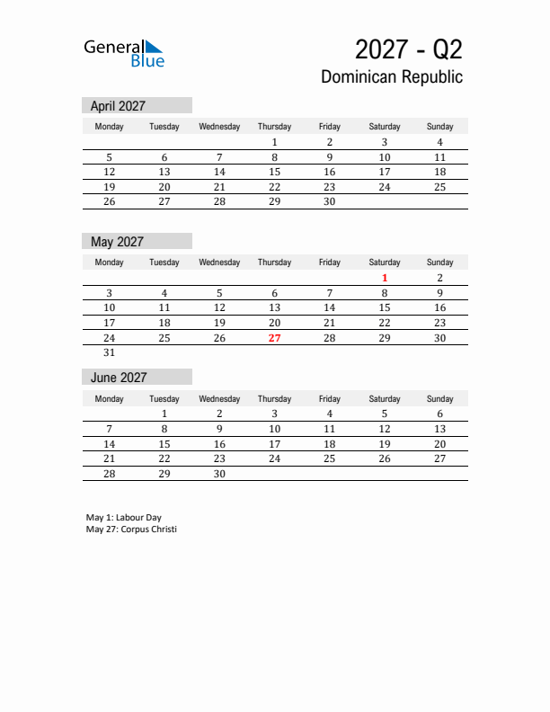 Dominican Republic Quarter 2 2027 Calendar with Holidays