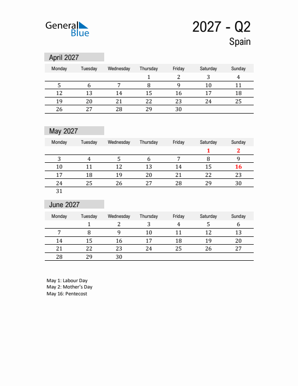 Spain Quarter 2 2027 Calendar with Holidays