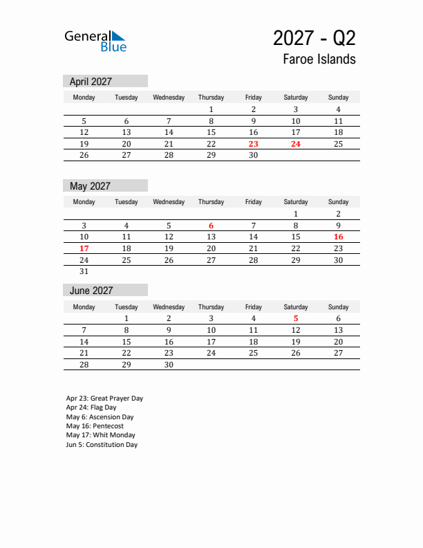 Faroe Islands Quarter 2 2027 Calendar with Holidays