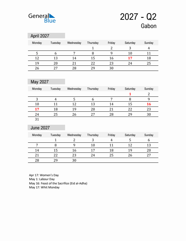 Gabon Quarter 2 2027 Calendar with Holidays