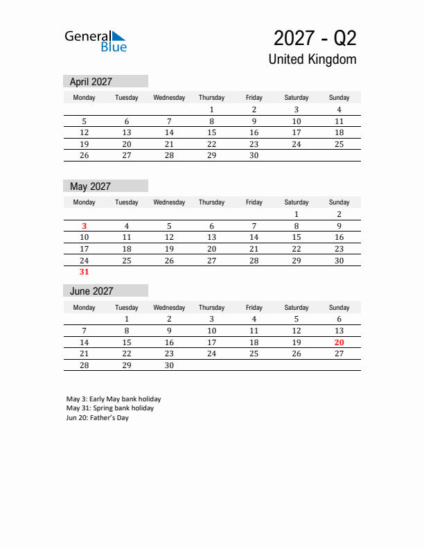 United Kingdom Quarter 2 2027 Calendar with Holidays