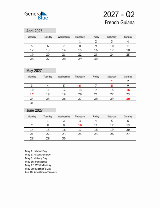 French Guiana Quarter 2 2027 Calendar with Holidays