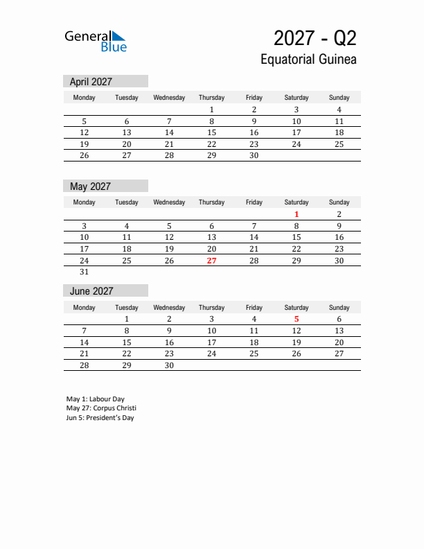 Equatorial Guinea Quarter 2 2027 Calendar with Holidays