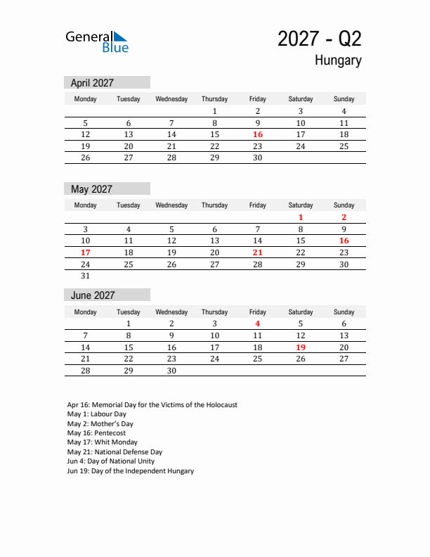 Hungary Quarter 2 2027 Calendar with Holidays