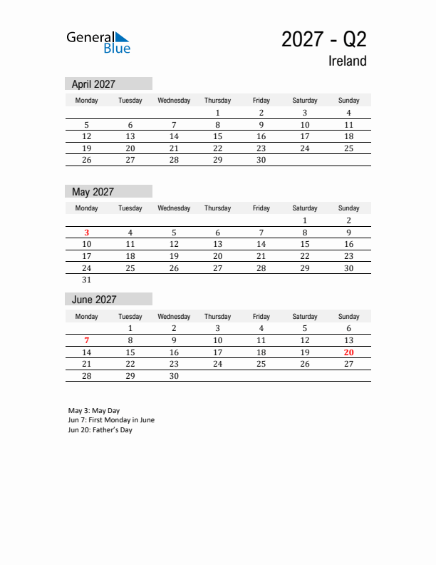 Ireland Quarter 2 2027 Calendar with Holidays