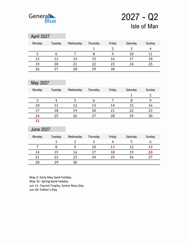 Isle of Man Quarter 2 2027 Calendar with Holidays