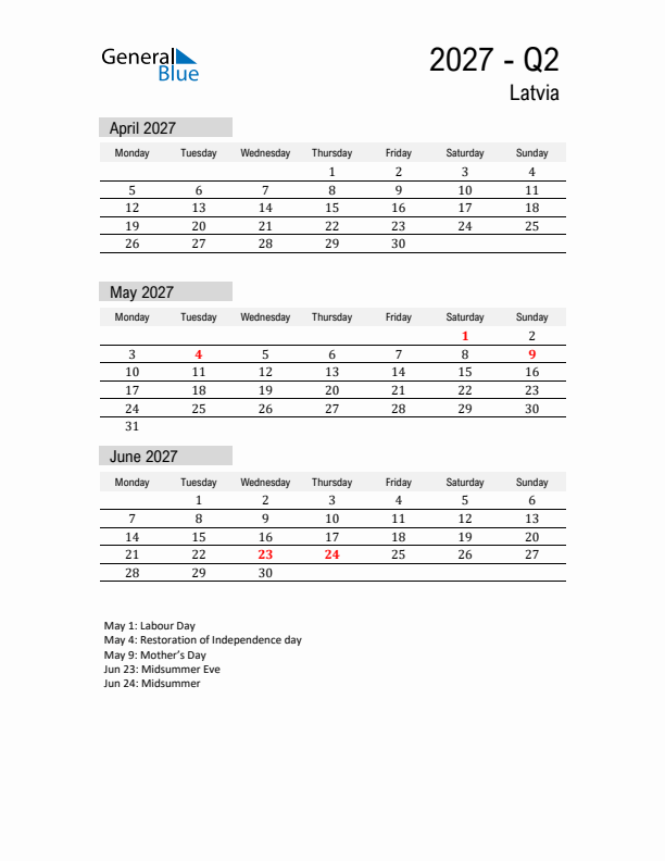 Latvia Quarter 2 2027 Calendar with Holidays