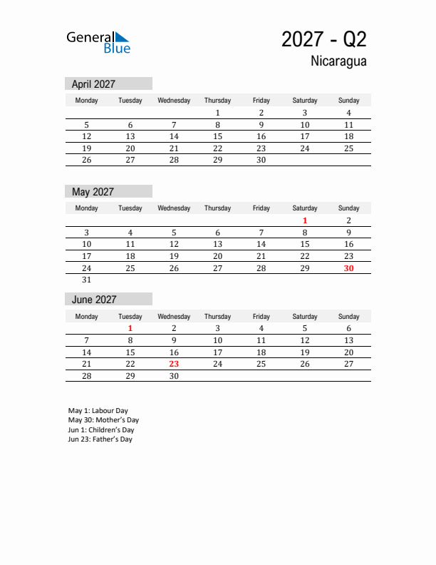 Nicaragua Quarter 2 2027 Calendar with Holidays