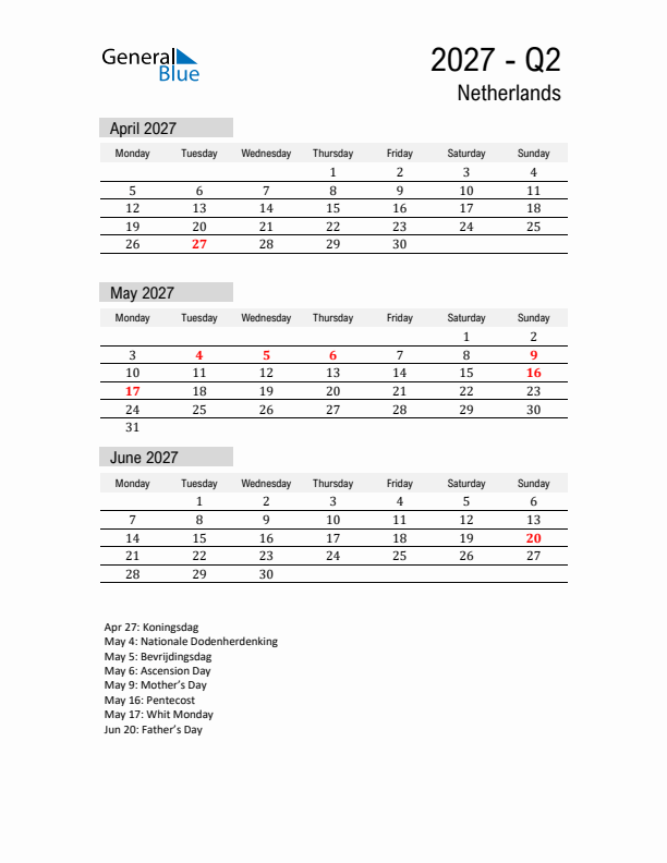 The Netherlands Quarter 2 2027 Calendar with Holidays