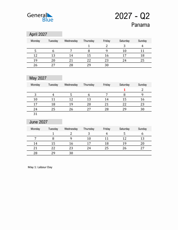 Panama Quarter 2 2027 Calendar with Holidays