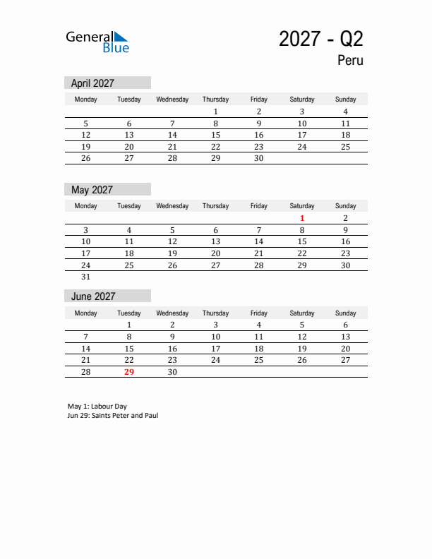 Peru Quarter 2 2027 Calendar with Holidays