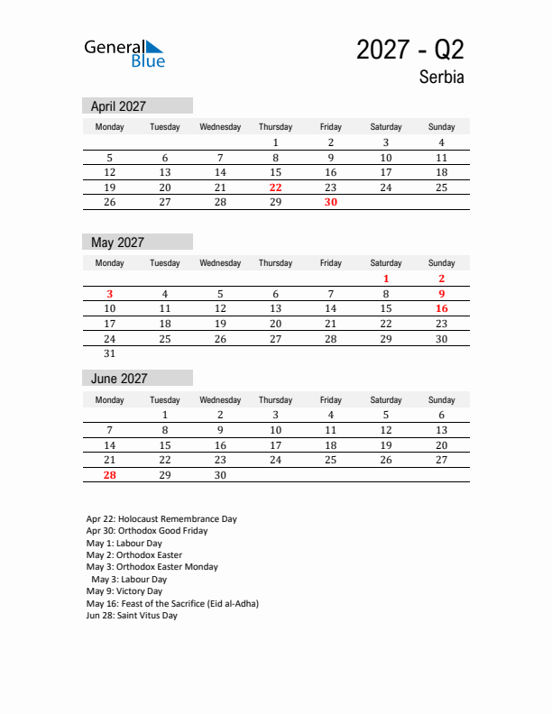 Serbia Quarter 2 2027 Calendar with Holidays