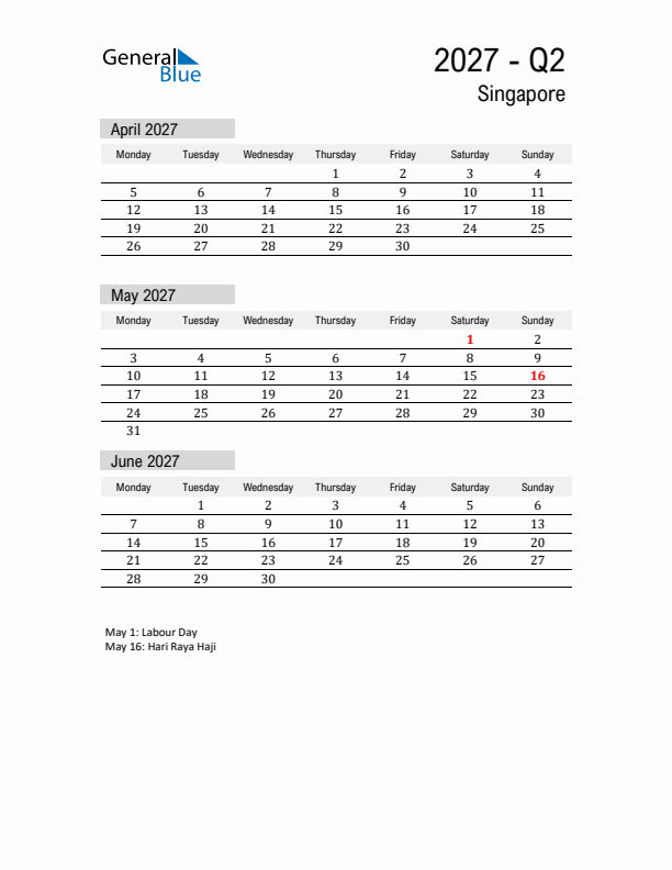 Singapore Quarter 2 2027 Calendar with Holidays