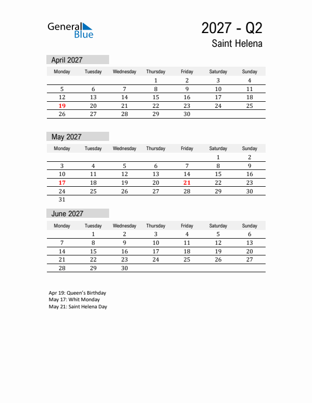 Saint Helena Quarter 2 2027 Calendar with Holidays