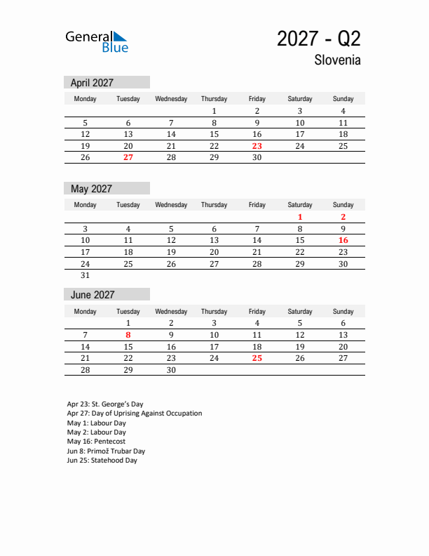 Slovenia Quarter 2 2027 Calendar with Holidays