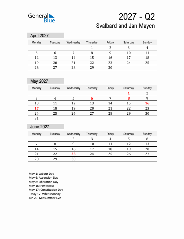 Svalbard and Jan Mayen Quarter 2 2027 Calendar with Holidays