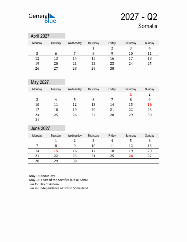 Somalia Quarter 2 2027 Calendar with Holidays