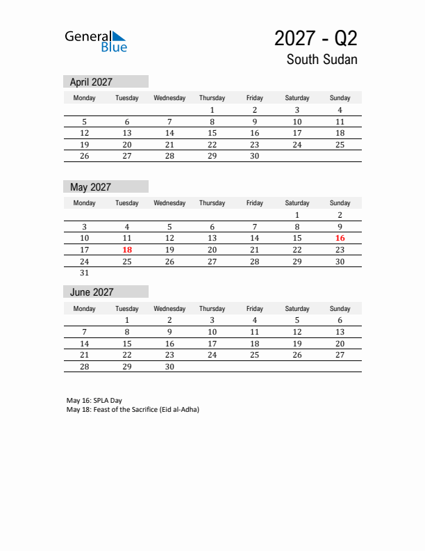 South Sudan Quarter 2 2027 Calendar with Holidays