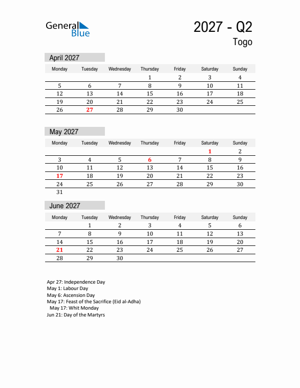 Togo Quarter 2 2027 Calendar with Holidays