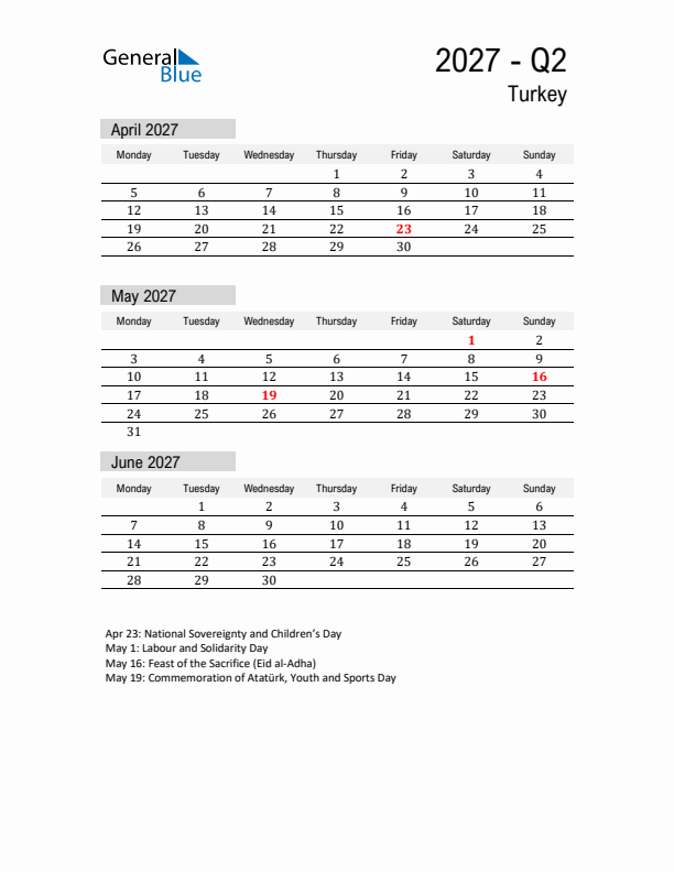 Turkey Quarter 2 2027 Calendar with Holidays