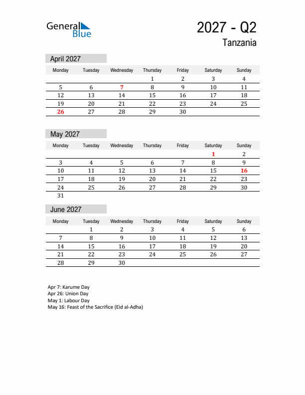 Tanzania Quarter 2 2027 Calendar with Holidays