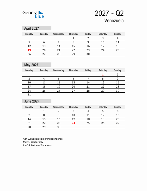 Venezuela Quarter 2 2027 Calendar with Holidays