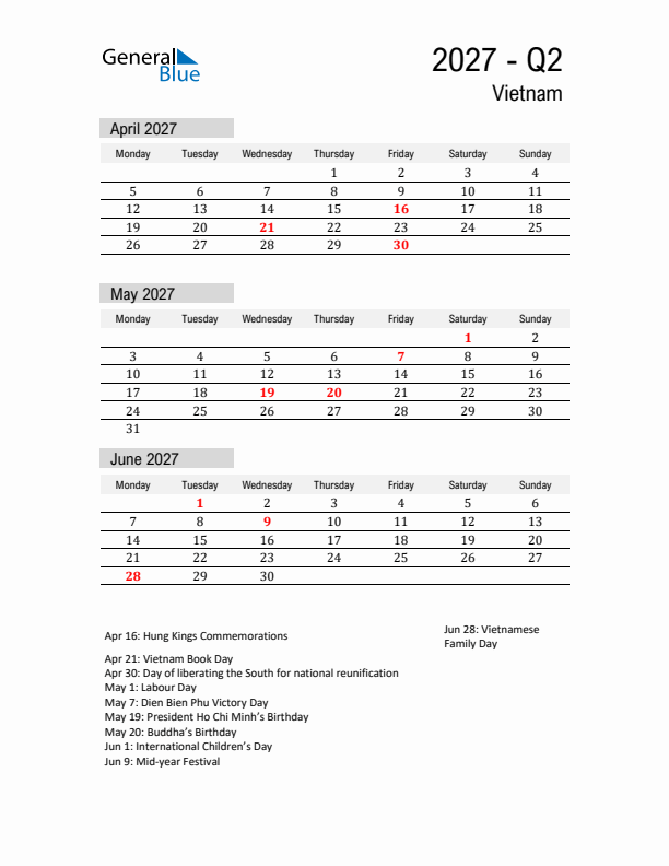 Vietnam Quarter 2 2027 Calendar with Holidays