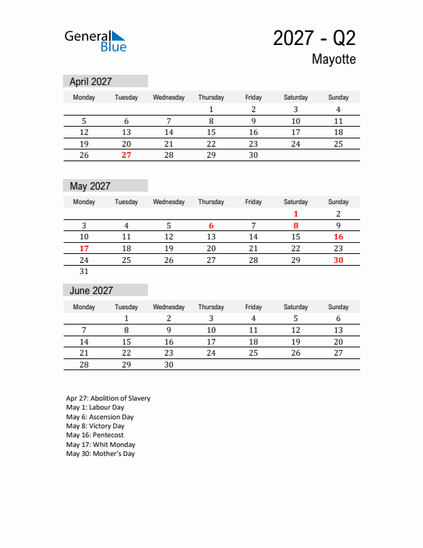 Mayotte Quarter 2 2027 Calendar with Holidays