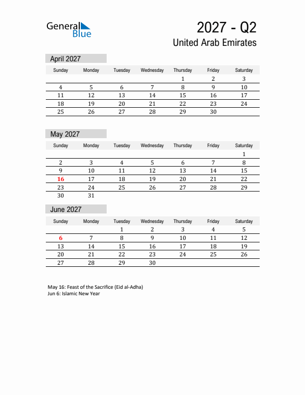 United Arab Emirates Quarter 2 2027 Calendar with Holidays