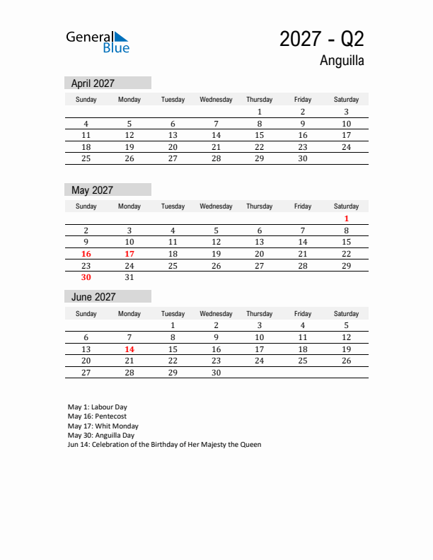 Anguilla Quarter 2 2027 Calendar with Holidays