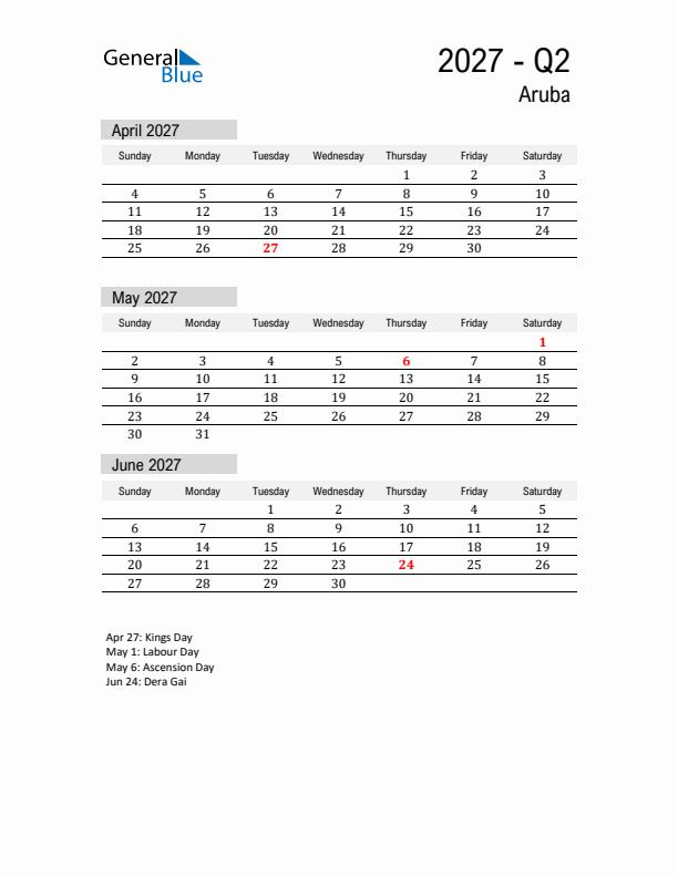 Aruba Quarter 2 2027 Calendar with Holidays