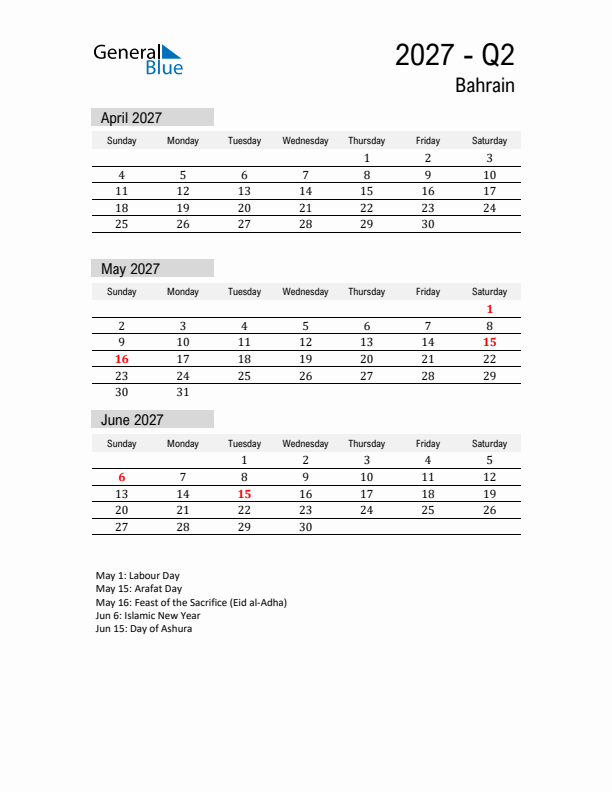 Bahrain Quarter 2 2027 Calendar with Holidays