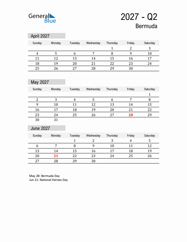 Bermuda Quarter 2 2027 Calendar with Holidays